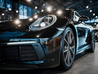 Luxurious black sports car on display in an upscale showroom