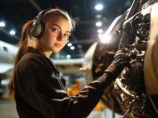Young woman working on aircraft engine in aviation workshop