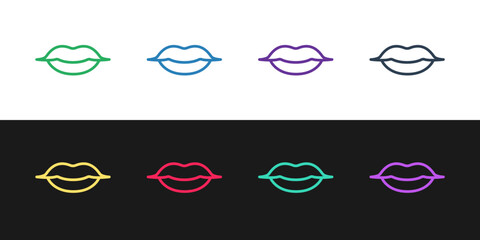 Set line Smiling lips icon isolated on black and white background. Smile symbol. Vector