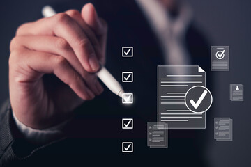 Businessman checking digital checklist and document approval. Concept of quality assurance, ISO certification, standard compliance, and business guarantee with futuristic interface.