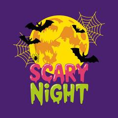 Halloween scary night illustration, yellow moon with bats and web, spooky party poster, cartoon vector design