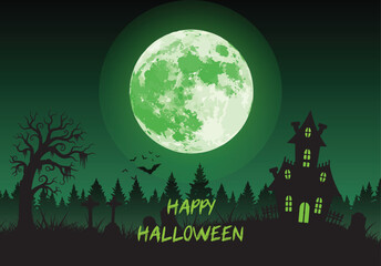 Spooky Halloween scene with a haunted house silhouette, full moon, bats, and a graveyard under a dark green sky.