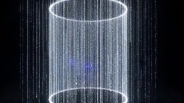 Abstract digital light particle animation with circular structures against black background