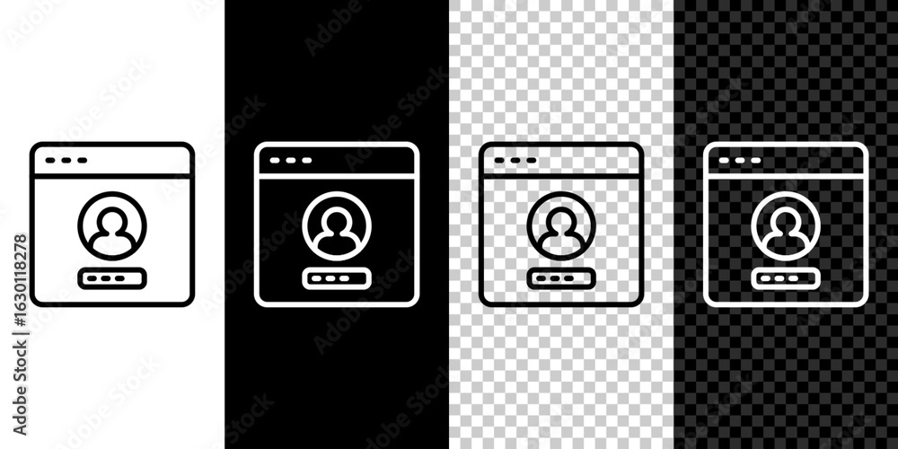 Poster set line create account screen icon isolated on black and white, transparent background. vector
