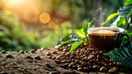 Coffee plant and beans next to freshly brewed coffee, sustainability and origin concept, International Coffee Day 2025