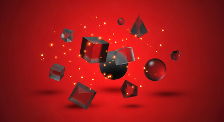 Digital red background abstract composition featuring floating geometric shapes like cubes, spheres, pyramids, and sparks against a red backdrop.
