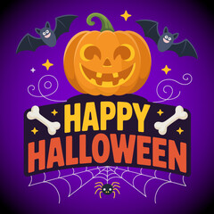 Pumpkin and spider web Halloween art, festive bone and swirl background, party poster, cartoon vector illustration