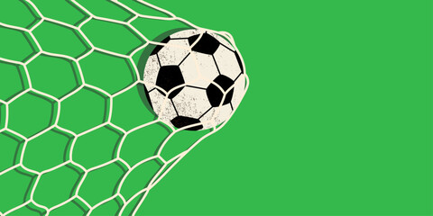 Obraz premium Soccer ball hitting the net and scoring a goal. Background for posters, social media, sports advertisements, football-related content, and tournament campaigns.