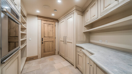 A well-organized modern pantry features custom cream-colored cabinetry, open shelving, stone countertops, and a rustic wooden barn door, highlighting luxurious home interior design.