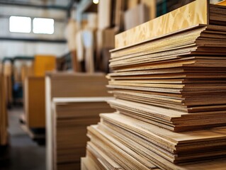 Wooden sheets stacked in a warehouse ready for manufacturing