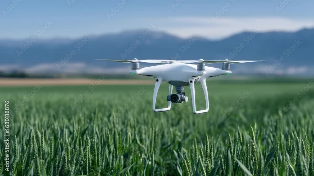 Poster drone propellers spin over expansive wheat fields, gathering multispectral data for precise fertiliz
