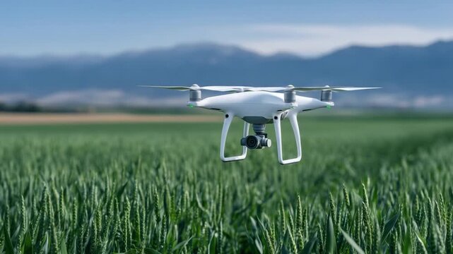 Drone propellers spin over expansive wheat fields, gathering multispectral data for precise fertilizer optimization.