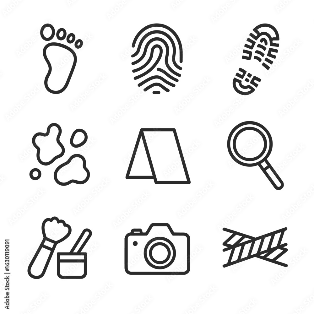 Poster forensic icon set. outline icon set of footprint in forensic science: crime scene print, fingerprint