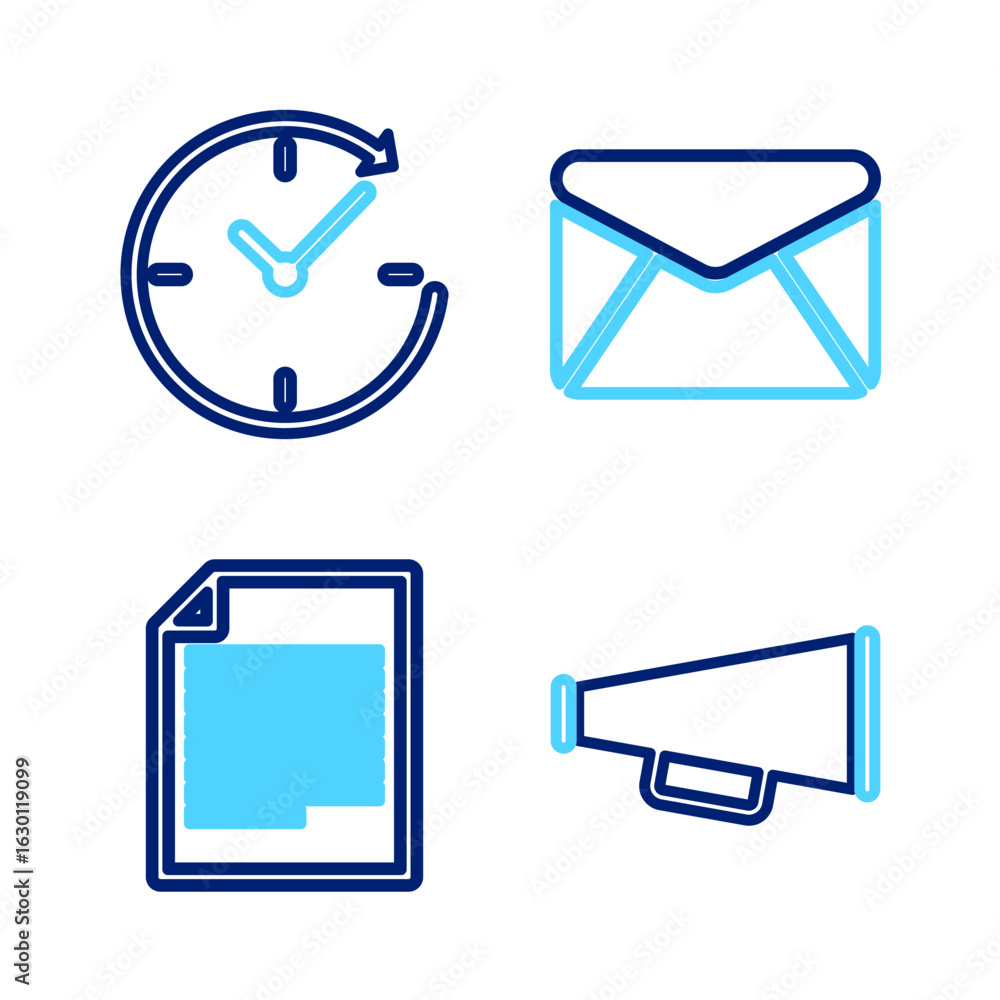 Poster set line megaphone, document, envelope and clock with arrow icon. vector