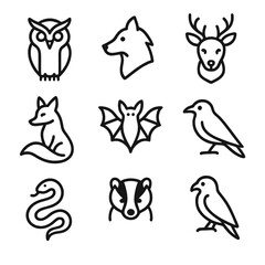Forbidden Mystical Icons. Outline icon set of forbidden forest animals: owl, wolf, stag, fox, bat, raven, snake, badger, hawk.