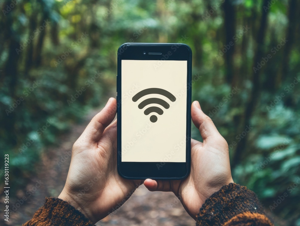 Poster a person is holding a smartphone that shows a wifi symbol in a lush, green forest. sunlight filters 