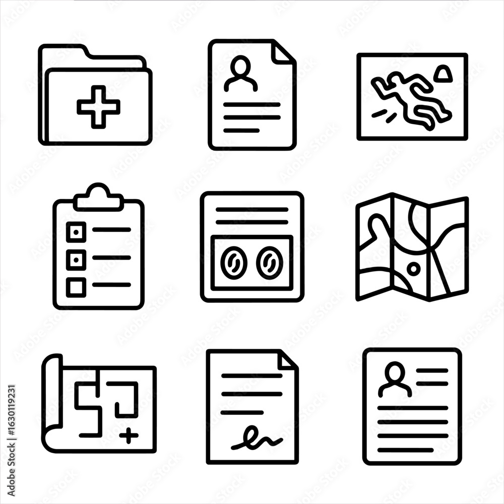Aufkleber forensic document icons. outline icon set of forensic documentation: case file, report document, pho