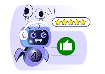 AI technology posters with cute robot character. Funny AI character for education, robot happy like and high rating. AI mascot. Vector.