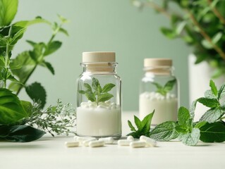 Natural herbal remedies displayed in glass jars with fresh mint leaves