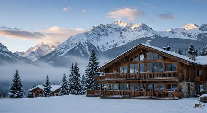 Winter chalet snow mountain landscape snowscape cabin alpine lodge ski resort vacation home getaway scenic view