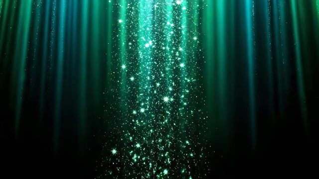 Abstract green glittering particles shining downward on a dark background - Powered by Adobe