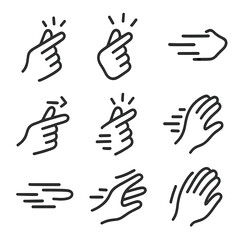 Obraz premium Snap Action Icons. Outline icon set of snap in action: hand snap, finger snap, action shot, quick motion, speed, reflex, gesture,