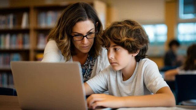 A teacher helps a young kid at the library with a laptop. A woman assists a boy in exploring education, learning, and internet learning. Mentoring, information exchange, and digital learning. - Powered by Adobe