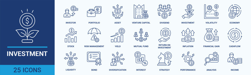 Investment icon set. Containing investor, mutual fund, asset, risk management, economy, financial gain, interest and stock icons. Outline icon collection.