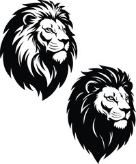 Two striking lion heads in a powerful black and white style, vector illustrations that are perfect for logos, mascots, and emblems, symbolizing strength and courage, isolated on a white background.