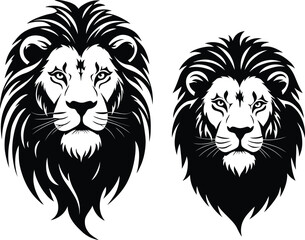 Two formidable lion heads with intense gazes, bold black and white vector illustrations, perfect for creating striking logos, powerful emblems, and impactful graphic designs, isolated.