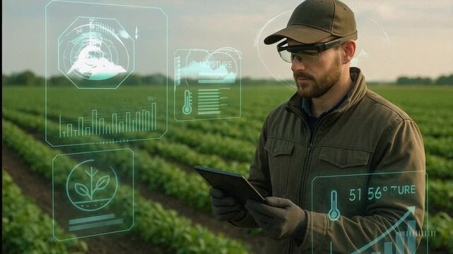 Farmer using tablet with augmented reality data for crop monitoring. Precision agriculture and smart farming technology in action