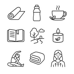Yoga Self-Care Icons. Outline icon set of yoga self-care routine: yoga mat, water bottle, calming tea, journal