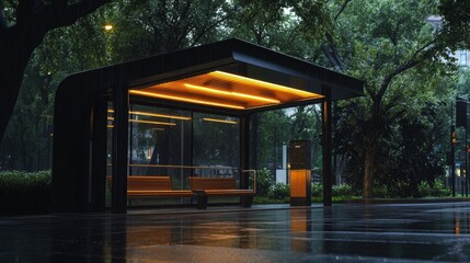 Contemporary black bus shelter in urban park surrounded by rainy atmosphere and vibrant nature