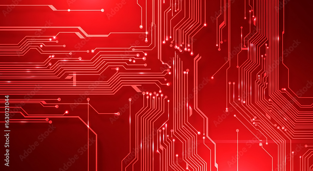 Poster abstract digital red background circuit board pattern, intricate technological design, glowing lines