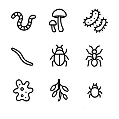 Fototapeta premium Soil Organism Icons. Outline icon set of soil organisms: earthworm, fungi, bacteria, nematode, beetle, ant, protozoa, root nodules