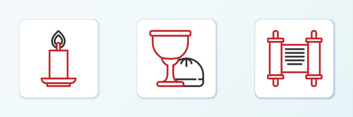 Set line Decree, paper, parchment, scroll, Burning candle and Holy grail or chalice icon. Vector