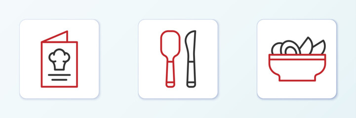 Set line Nachos in plate, Cookbook and Knife and spoon icon. Vector
