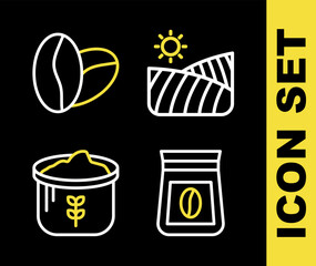 Set line Agriculture wheat field, Bag of coffee beans, flour and Coffee icon. Vector
