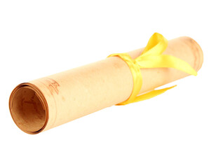 Rolled Diploma Certificate with Yellow Ribbon Isolated on White Background