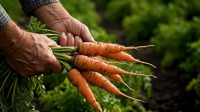 Hands hold freshly harvested carrots showcasing their vibrant orange color and healthy green tops against a backdrop of lush green foliage