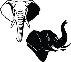 Two stylized elephant head illustrations, one with its trunk raised in a bold silhouette and the other in a detailed front view, representing strength, power, and the African wild.