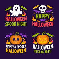 Halloween spook night offer, bone and ghost badge, scary pumpkin label, dark vibe promotion, fun cartoon template  