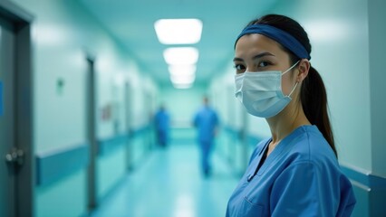 Portrait of a female doctor with mask. Copy space. Template.