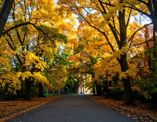 Naklejka premium Autumnal path beneath vibrant golden trees