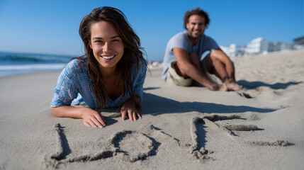 Fototapeta premium A woman writing love in the sand with a smiling man nearby