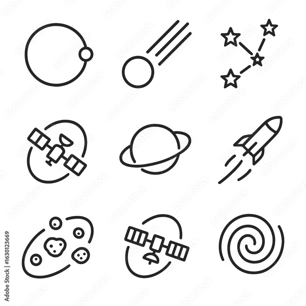 Poster space icons grid. outline icon set of space and celestial paths: orbital path, comet trail, star con