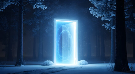 Glowing portal in snowy forest