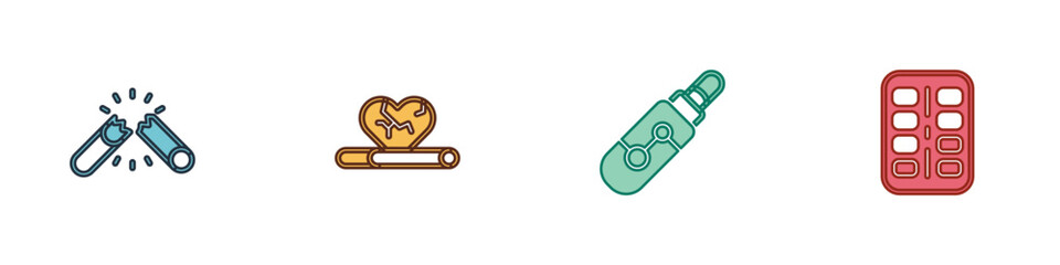 Set Broken cigarette, Heart disease with smoking, Electronic and Nicotine gum blister pack icon. Vector