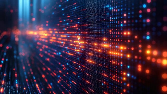 Digital data visualization glowing orange and blue lights creating futuristic technology background vibrant information flow dynamic energy motion binary code depth