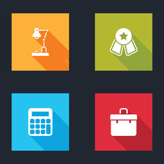 Set Table lamp, Medal with star, Calculator and Briefcase icon. Vector